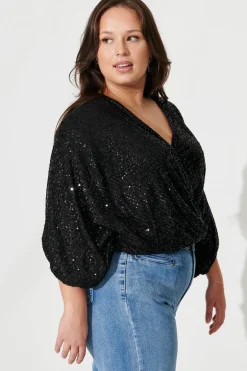 New PRE ORDER Celebration Sequin Mock Wrap Top In Black Tops|Party & Occasion