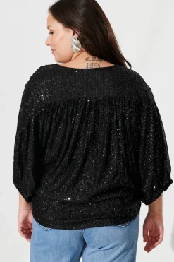 New PRE ORDER Celebration Sequin Mock Wrap Top In Black Tops|Party & Occasion
