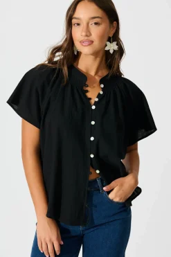 Sale PRE ORDER Lombard Top in Black Cotton Linen Tops|Casual