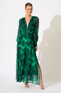 Clearance PRE ORDER Martina Maxi Dress in Green Watercolour Chiffon Dresses|Party