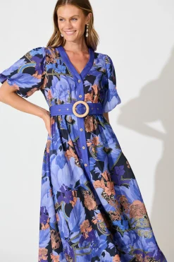 Clearance PRE ORDER Mystical Bloom Maxi Dress in Blue with Multi Linen Blend Dresses|Party