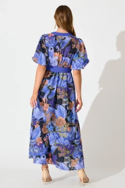 Clearance PRE ORDER Mystical Bloom Maxi Dress in Blue with Multi Linen Blend Dresses|Party