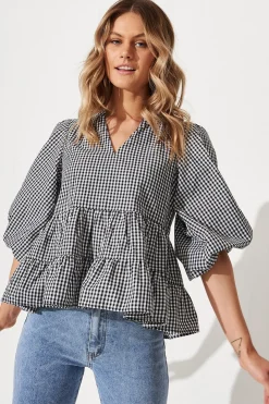 New PRE ORDER Talena Top In Black And White Gingham Cotton Tops|Casual