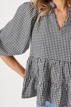 New PRE ORDER Talena Top In Black And White Gingham Cotton Tops|Casual