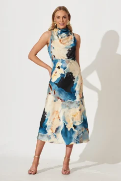 Discount PRE ORDER Vision Of Love Midi Dress In Blue Multi Watercolour Satin Dresses|Party