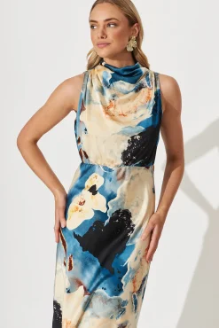 Discount PRE ORDER Vision Of Love Midi Dress In Blue Multi Watercolour Satin Dresses|Party