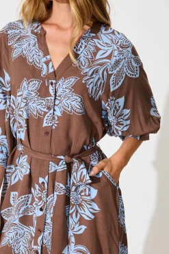Clearance Prelude Dress in Brown with Cornflower Blue Floral Dresses|Casual