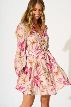 Hot Pria Dress in Pink Leaf Print Dresses|Casual