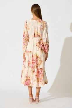 Fashion Primavera Midi Dress in Cream with Pink Floral Dresses|Casual