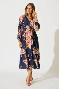 Online Primavera Midi Dress in Navy with Pink Floral Dresses|Casual