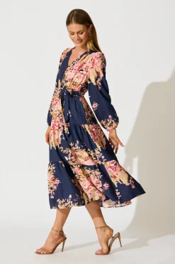 Online Primavera Midi Dress in Navy with Pink Floral Dresses|Casual