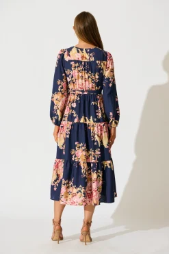 Online Primavera Midi Dress in Navy with Pink Floral Dresses|Casual