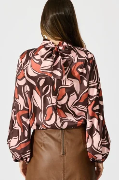 Sale Pure Whisper Top in Multi Brown Print Satin Tops|Party & Occasion