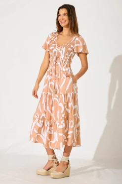 Best Ray Of Light Midi Dress In Beige With White Print Dresses|Casual