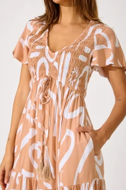 Best Ray Of Light Midi Dress In Beige With White Print Dresses|Casual