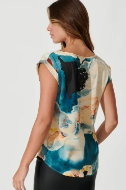 Clearance Rejina Top In Blue And Cream Watercolour Satin Tops|Workwear