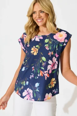 Fashion Rejina Top In Navy With Multi Floral Print Tops|Workwear