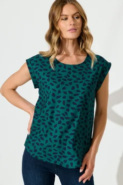 New Rejina Top In Teal With Navy Leaf Tops|Workwear