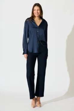 Clearance Retroshine Shirt in Navy Satin Tops|Workwear