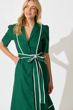 Clearance Rhea Maxi Shirt Dress in Emerald with Contrast Piping Cotton Dresses|Casual