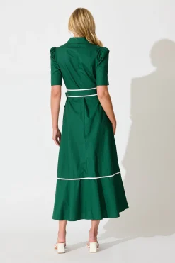 Clearance Rhea Maxi Shirt Dress in Emerald with Contrast Piping Cotton Dresses|Casual