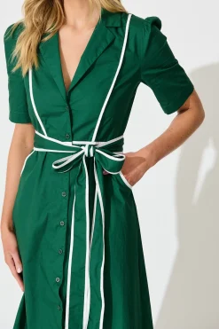 Clearance Rhea Maxi Shirt Dress in Emerald with Contrast Piping Cotton Dresses|Casual