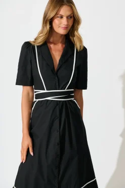 Hot Rhea Maxi Shirt Dress in Black with Contrast Piping Cotton Dresses|Casual