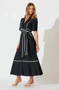 Hot Rhea Maxi Shirt Dress in Black with Contrast Piping Cotton Dresses|Casual