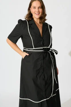 Hot Rhea Maxi Shirt Dress in Black with Contrast Piping Cotton Dresses|Casual