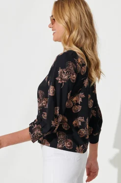 Fashion Rhiah Top in Charcoal with Apricot Floral Tops|Workwear