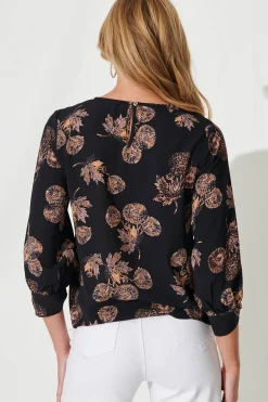 Fashion Rhiah Top in Charcoal with Apricot Floral Tops|Workwear