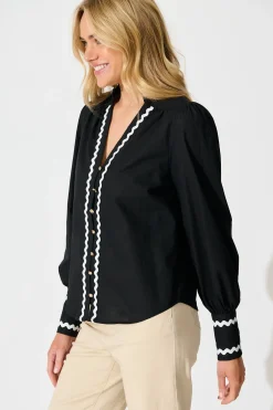 Clearance Ricki Top in Black with White Ric Rac Trim Cotton Tops