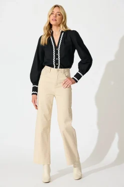 Clearance Ricki Top in Black with White Ric Rac Trim Cotton Tops
