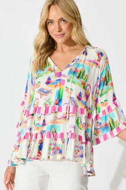 Online Rina Top in White With Bright Resort Print Tops