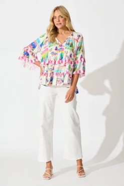 Online Rina Top in White With Bright Resort Print Tops