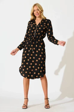 Clearance Rival Zip Dress in Black with Brown Spot Dresses|Casual