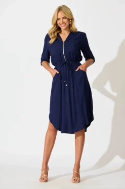 Clearance Rival Zip Dress in Navy Dresses|Casual