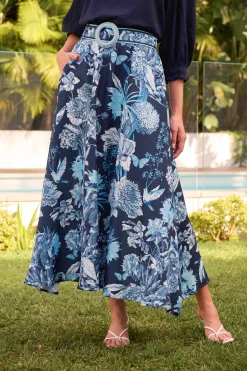 Online Riviera Maxi Skirt in Navy with Blue Floral Linen Blend Bottoms|Skirts & Shorts