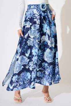Online Riviera Maxi Skirt in Navy with Blue Floral Linen Blend Bottoms|Skirts & Shorts