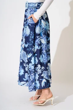 Online Riviera Maxi Skirt in Navy with Blue Floral Linen Blend Bottoms|Skirts & Shorts