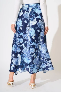 Online Riviera Maxi Skirt in Navy with Blue Floral Linen Blend Bottoms|Skirts & Shorts