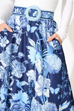 Online Riviera Maxi Skirt in Navy with Blue Floral Linen Blend Bottoms|Skirts & Shorts