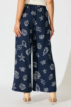 Sale Romeo Pant in Navy with White Shell Print Bottoms|Pants