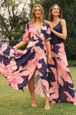 Clearance Ronda Maxi Wrap Dress In Navy With Blush Flower Print Dresses|Casual