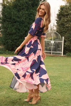 Clearance Ronda Maxi Wrap Dress In Navy With Blush Flower Print Dresses|Casual