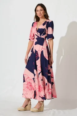 Clearance Ronda Maxi Wrap Dress In Navy With Blush Flower Print Dresses|Casual