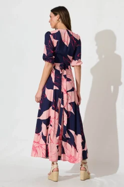 Clearance Ronda Maxi Wrap Dress In Navy With Blush Flower Print Dresses|Casual