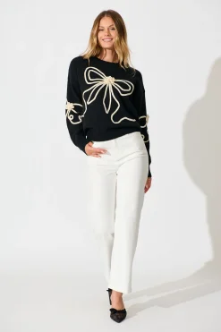 Online Rosa Knit in Black with Cream Bow Cotton Blend Knitwear|Knitwear