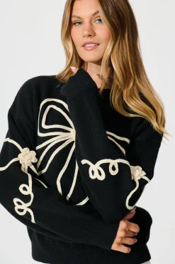 Online Rosa Knit in Black with Cream Bow Cotton Blend Knitwear|Knitwear