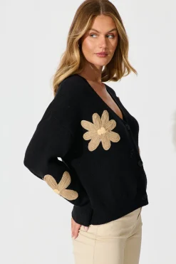 Discount Rosalie Knit Cardigan in Black with Beige Flowers Knitwear|Knitwear